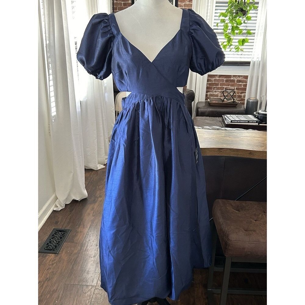 Lulus NWT Women's Navy Blue Cutout Puff Sleeve Midi Dress Size